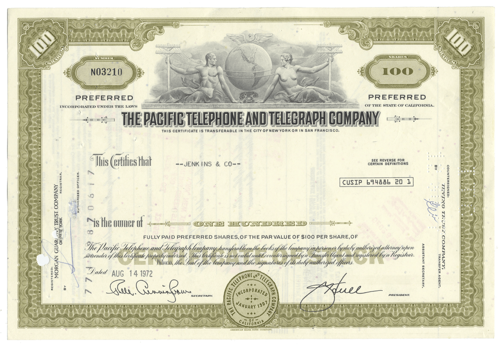 Pacific Telephone and Telegraph Company Stock Certificate