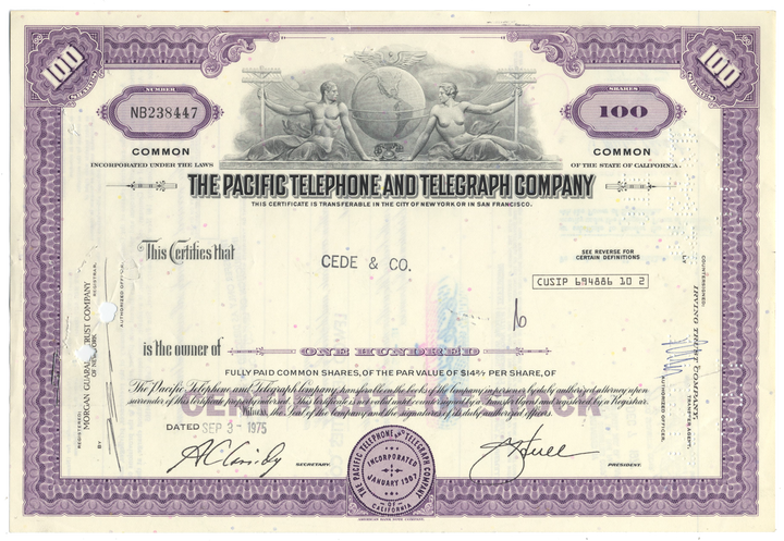 Pacific Telephone and Telegraph Company Stock Certificate