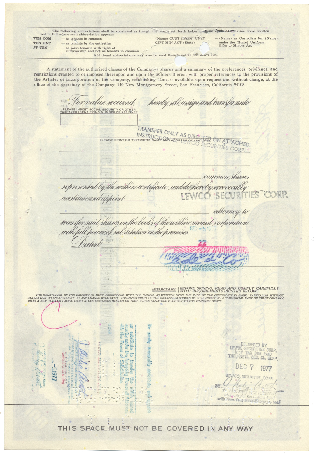 Pacific Telephone and Telegraph Company Stock Certificate