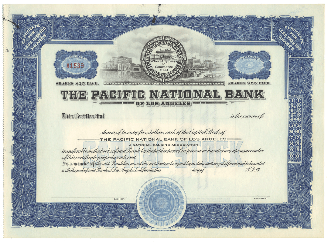 Pacific National Bank of Los Angeles Stock Certificate