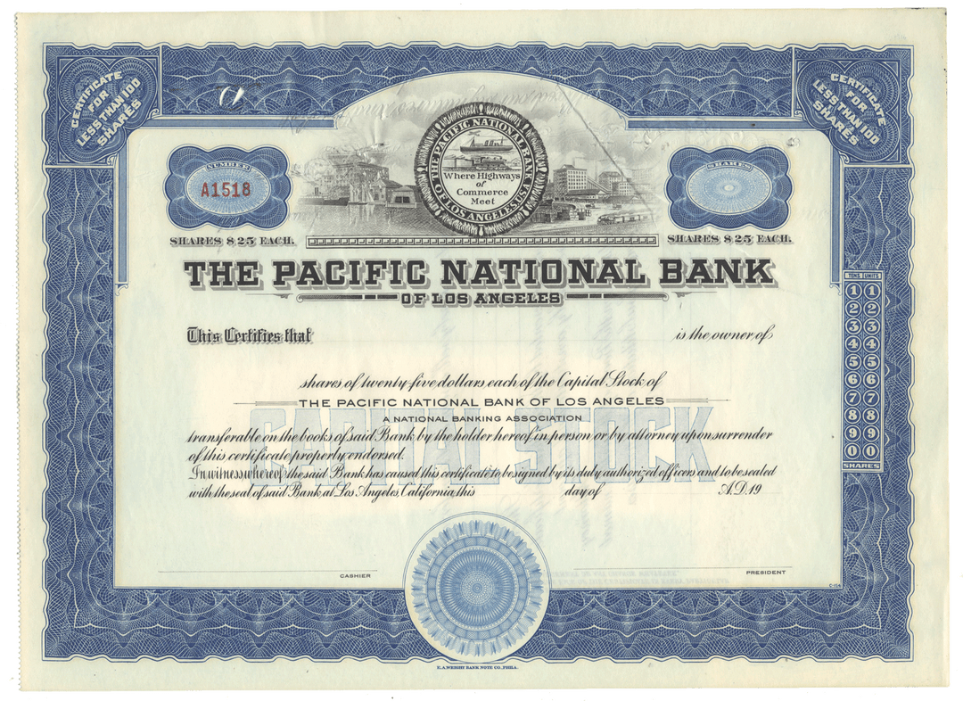 Vintage stock certificate of The Pacific National Bank of Los Angeles with blue and white design.