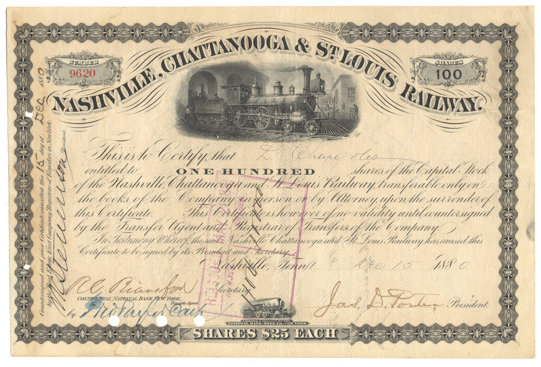 Nashville, Chattanooga & St. Louis Railway stock certificate with train illustration