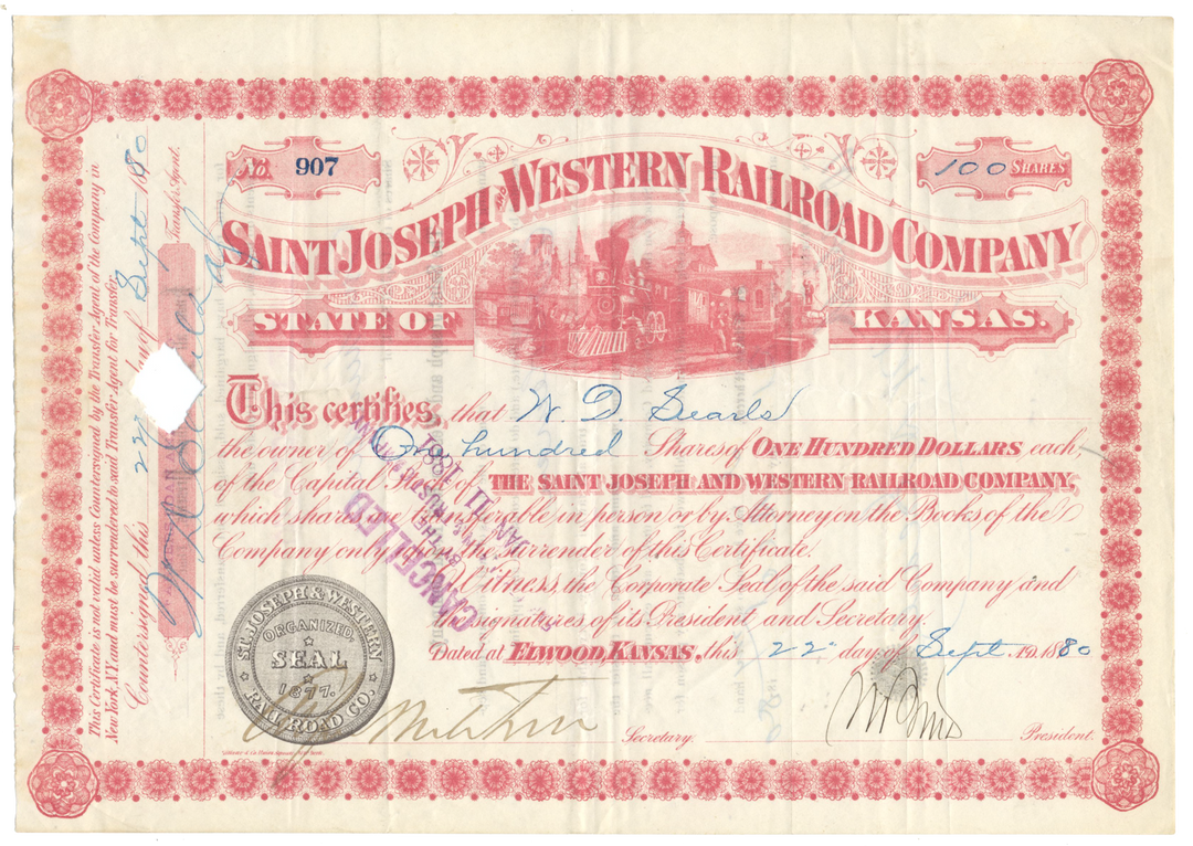 Saint Joseph and Western Railroad Company Stock Certificate