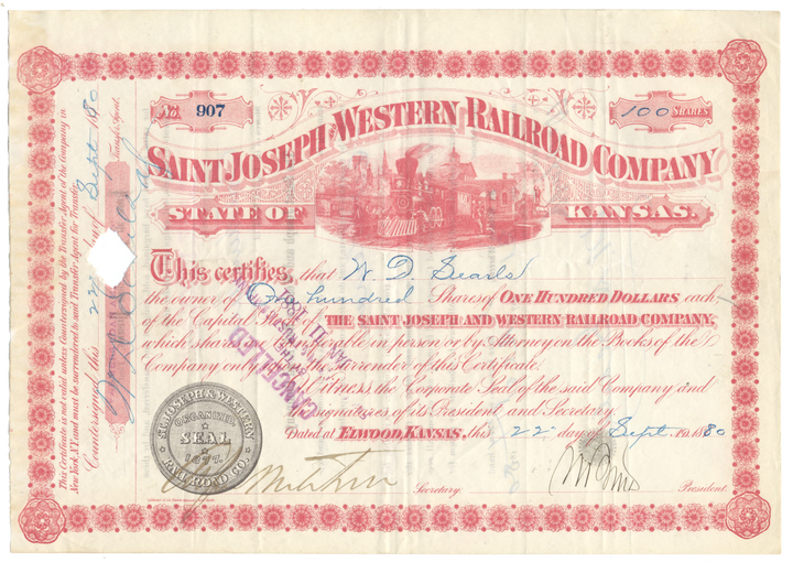 Saint Joseph and Western Railroad Company Stock Certificate