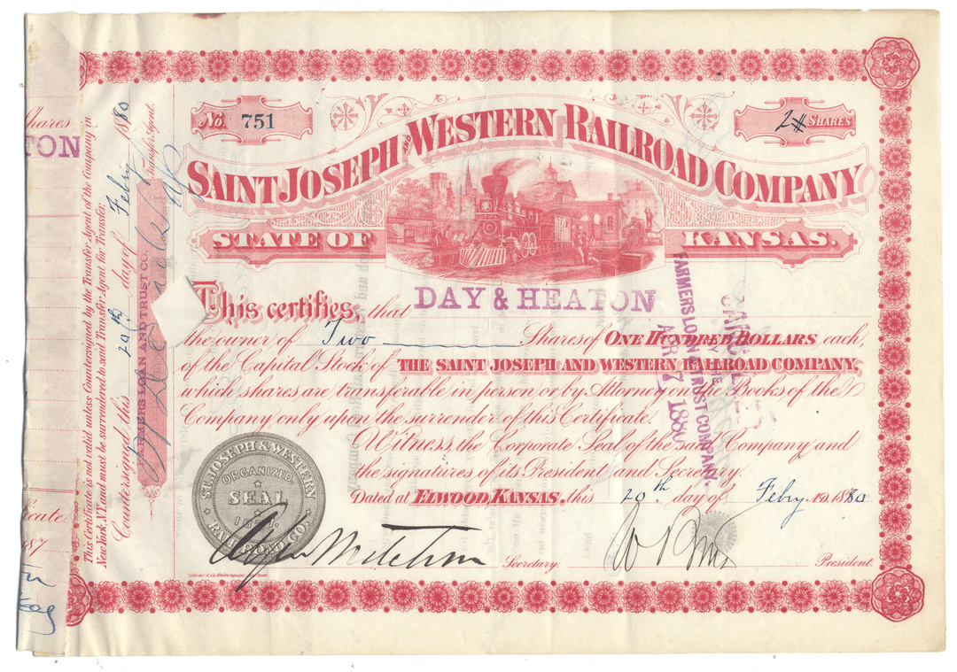 Saint Joseph Western Railroad Company stock certificate from 1880