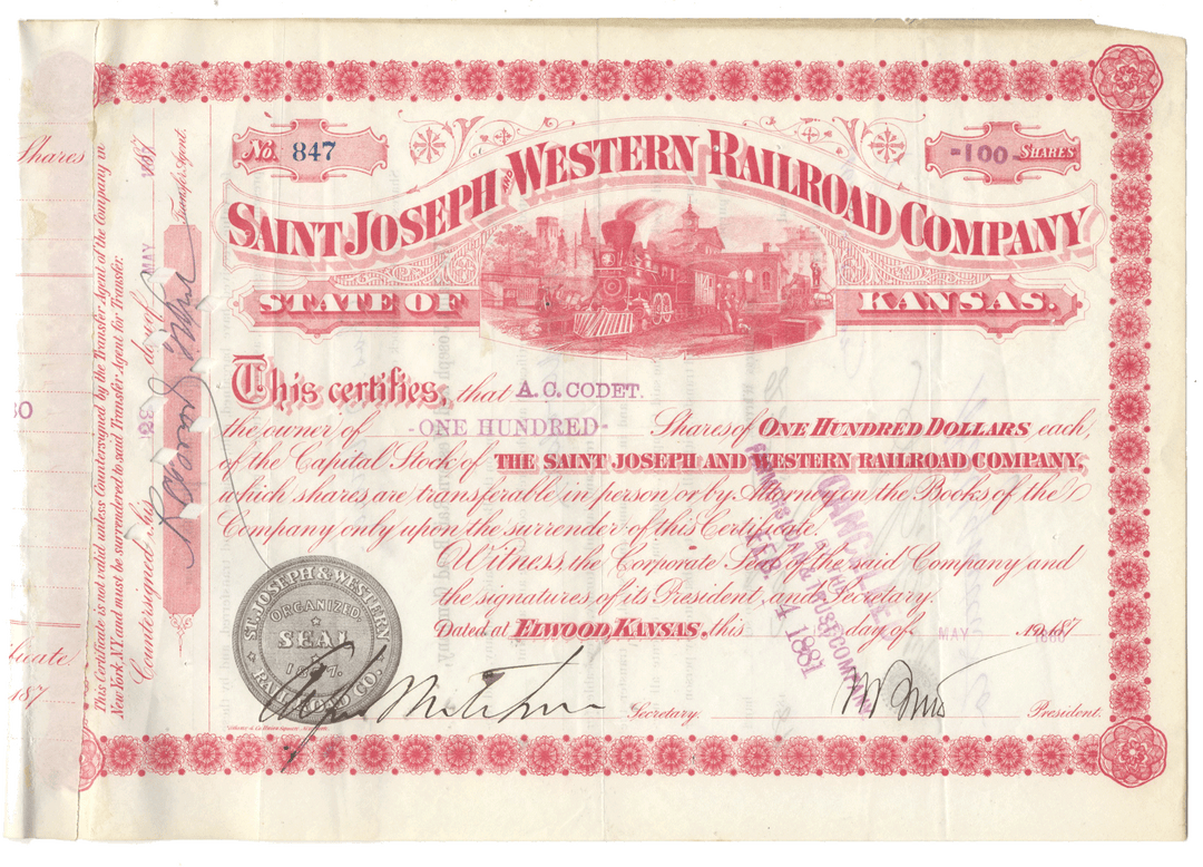 A vintage Saint Joseph and Western Railroad Company stock certificate dated 1880