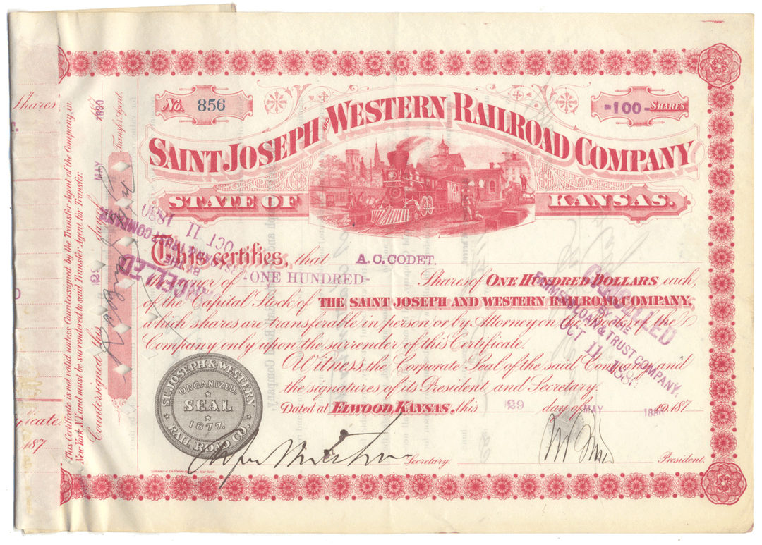 Saint Joseph and Western Railroad Company Stock Certificate