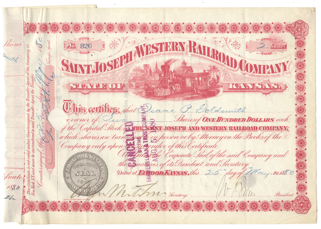 St. Joseph Western Railroad Company stock certificate with decorative border and text.