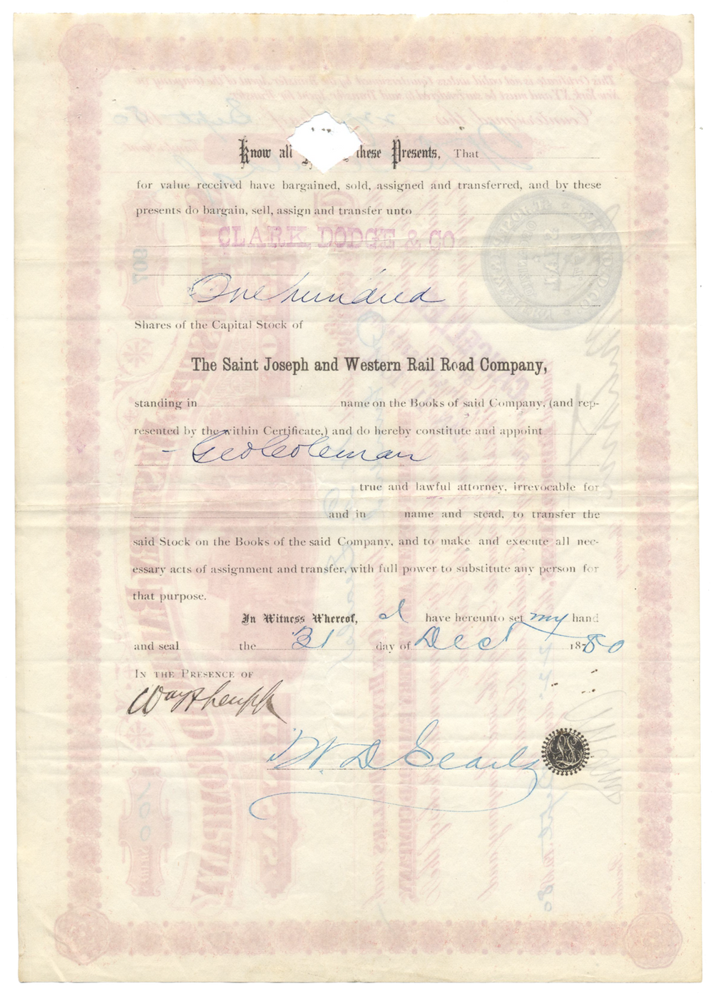 Saint Joseph and Western Railroad Company Stock Certificate