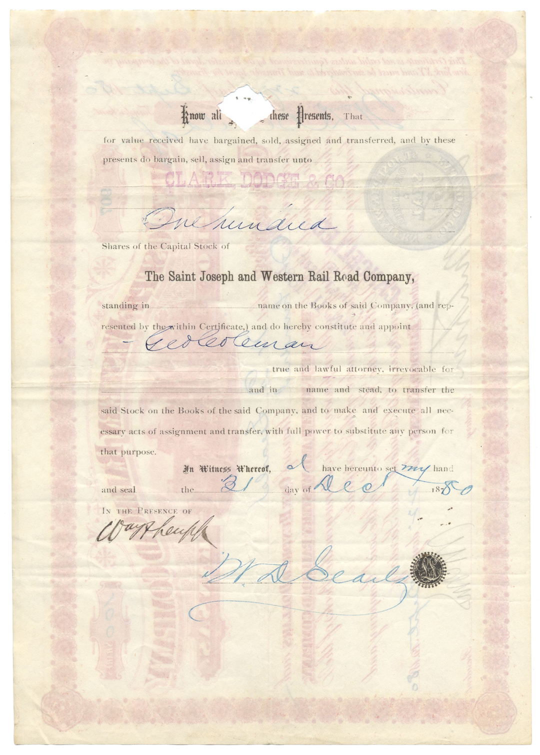 Saint Joseph and Western Railroad Company Stock Certificate