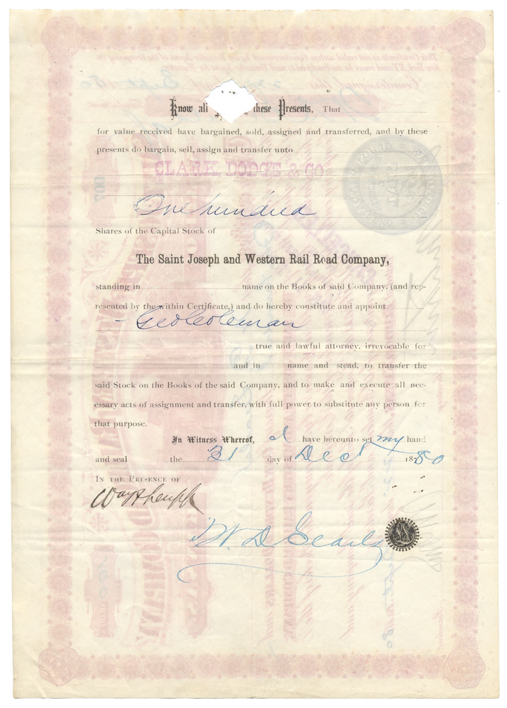 Saint Joseph and Western Railroad Company Stock Certificate