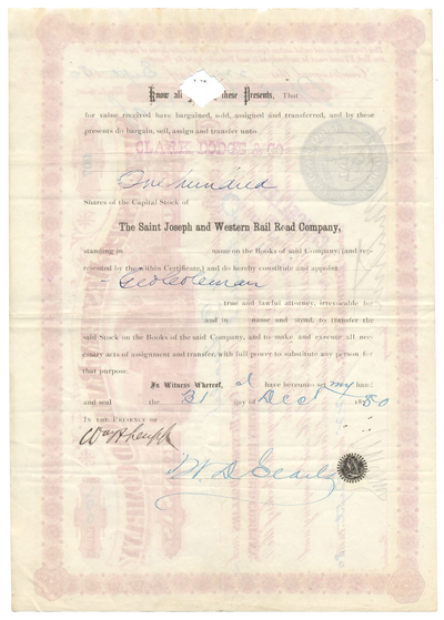 Saint Joseph and Western Railroad Company Stock Certificate