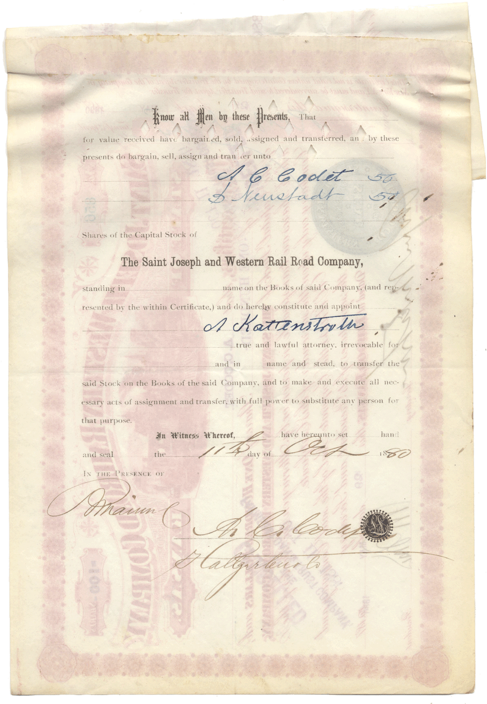 Saint Joseph and Western Railroad Company Stock Certificate