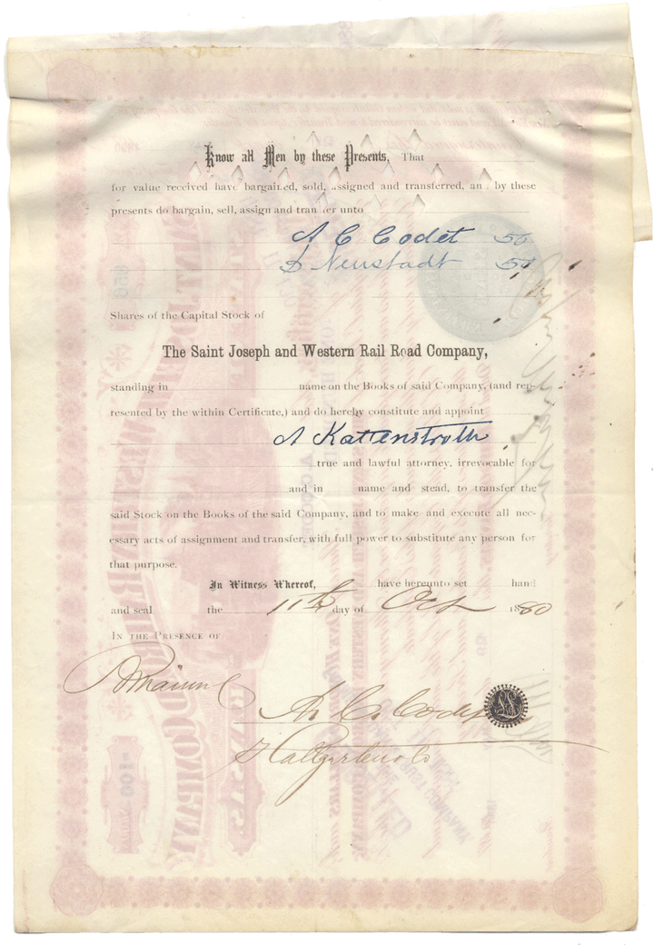 Saint Joseph and Western Railroad Company Stock Certificate