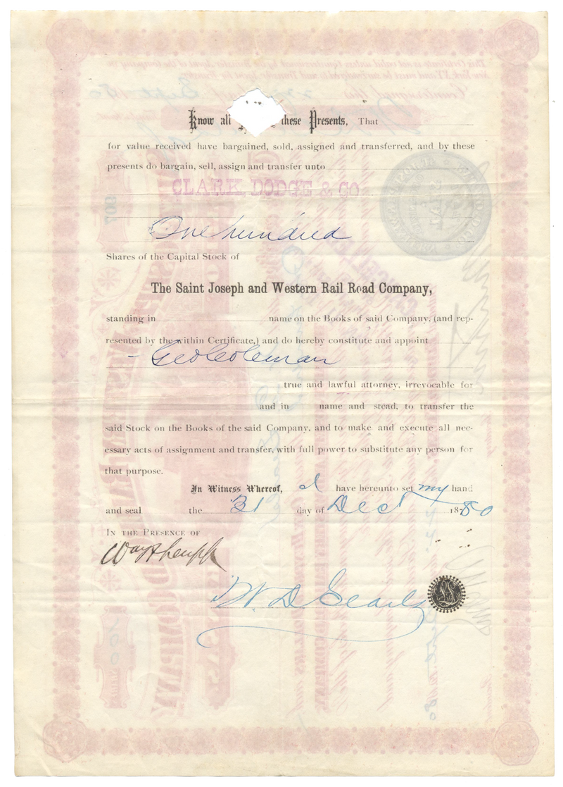 Saint Joseph and Western Railroad Company Stock Certificate