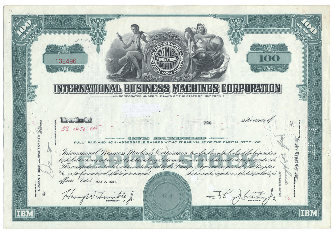 Vintage stock certificate of International Business Machines Corporation with decorative elements and text.