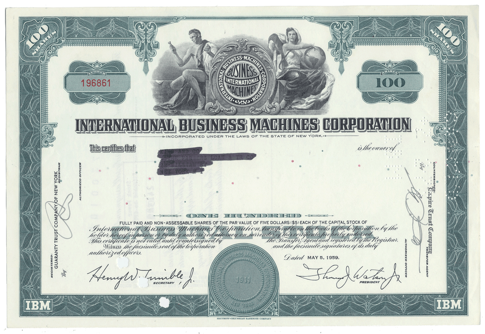 Vintage International Business Machines Corporation stock certificate