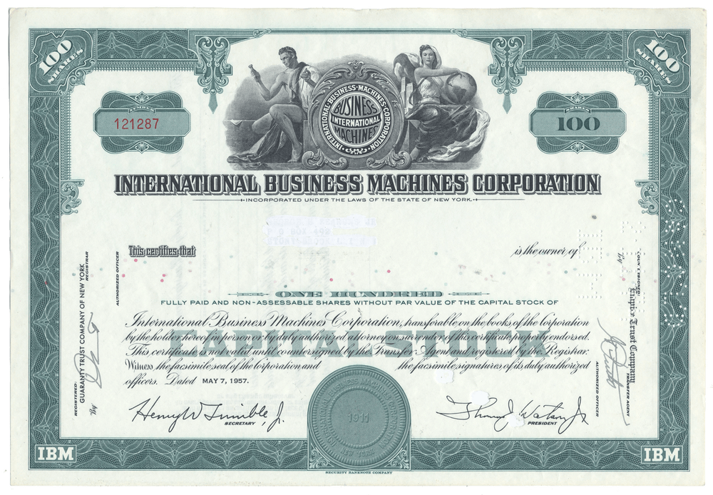 International Business Machines Corporation stock certificate with detailed design and text.