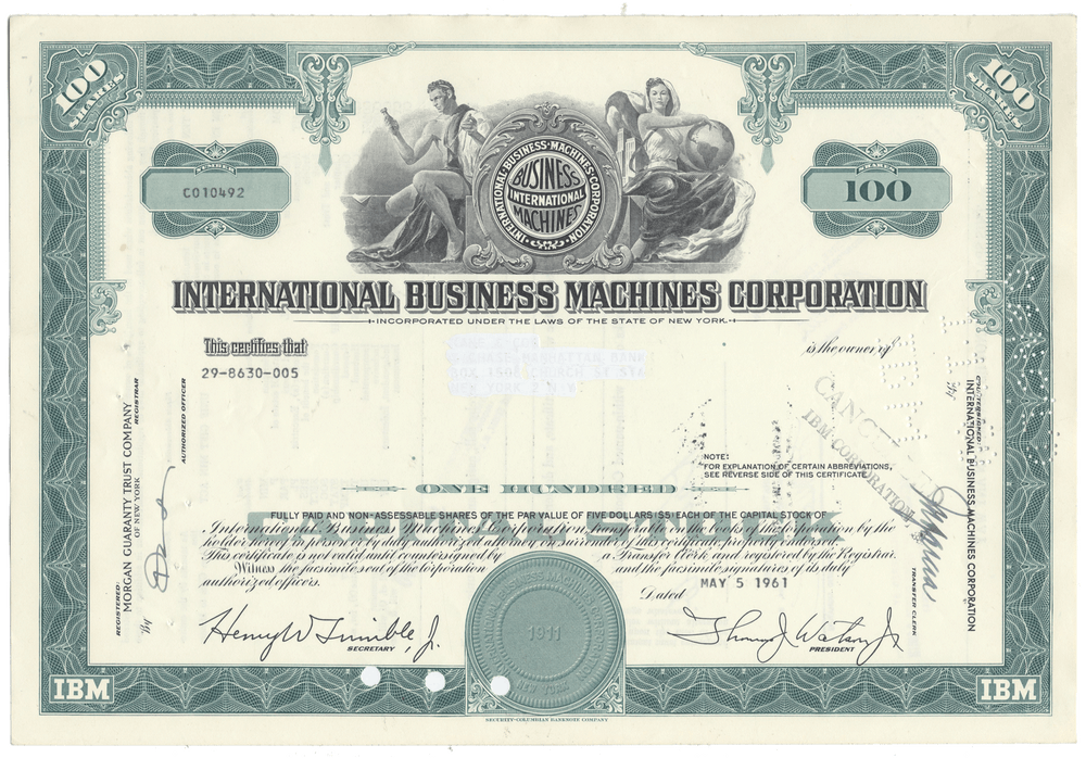Vintage stock certificate of International Business Machines Corporation with decorative elements.