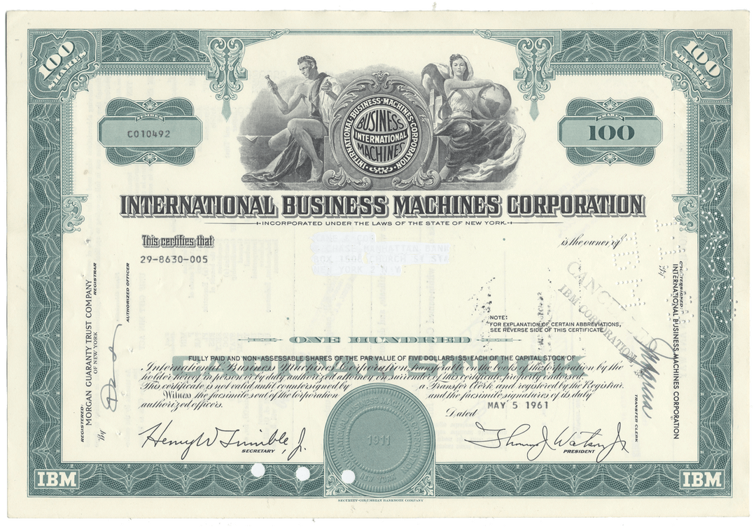 Vintage stock certificate of International Business Machines Corporation with decorative elements.