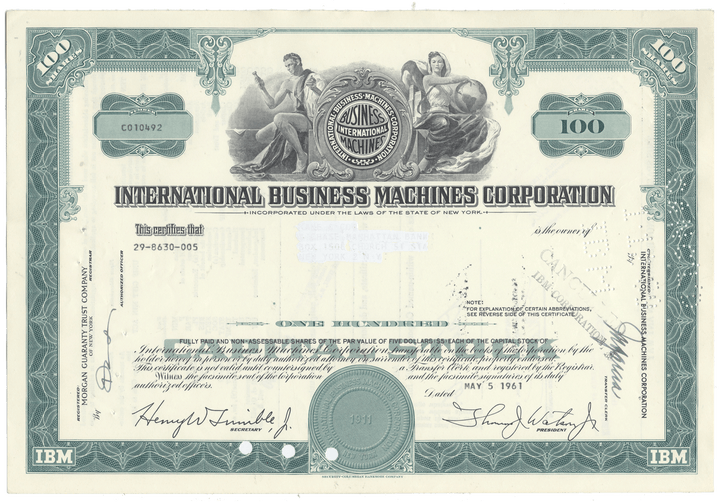 Vintage stock certificate of International Business Machines Corporation with decorative elements.