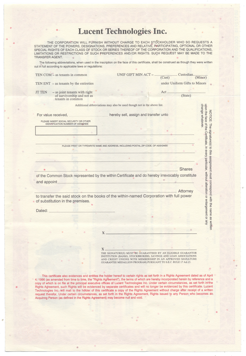 Lucent Technologies Inc. Stock Certificate