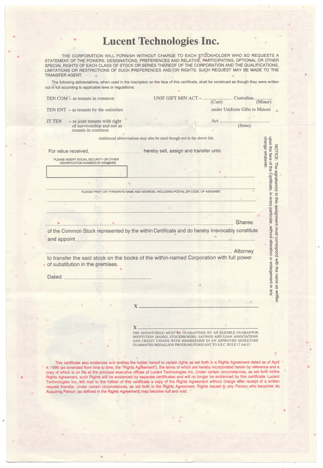 Lucent Technologies Inc. Stock Certificate