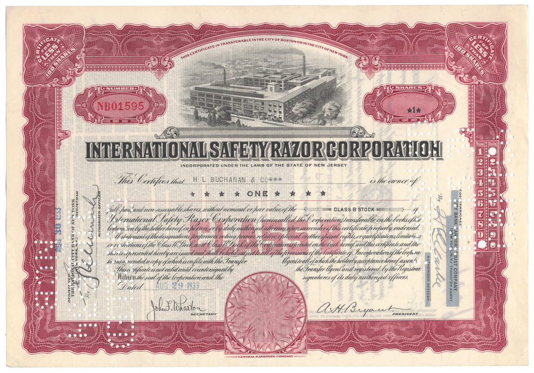 International Safety Razor Corporation Stock Certificate