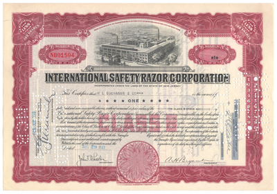 International Safety Razor Corporation Stock Certificate