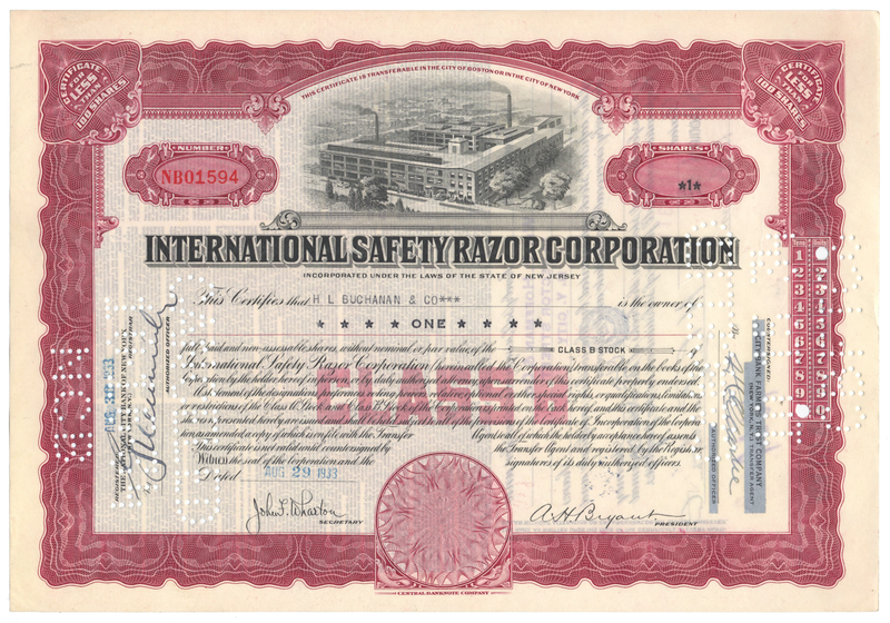 International Safety Razor Corporation Stock Certificate
