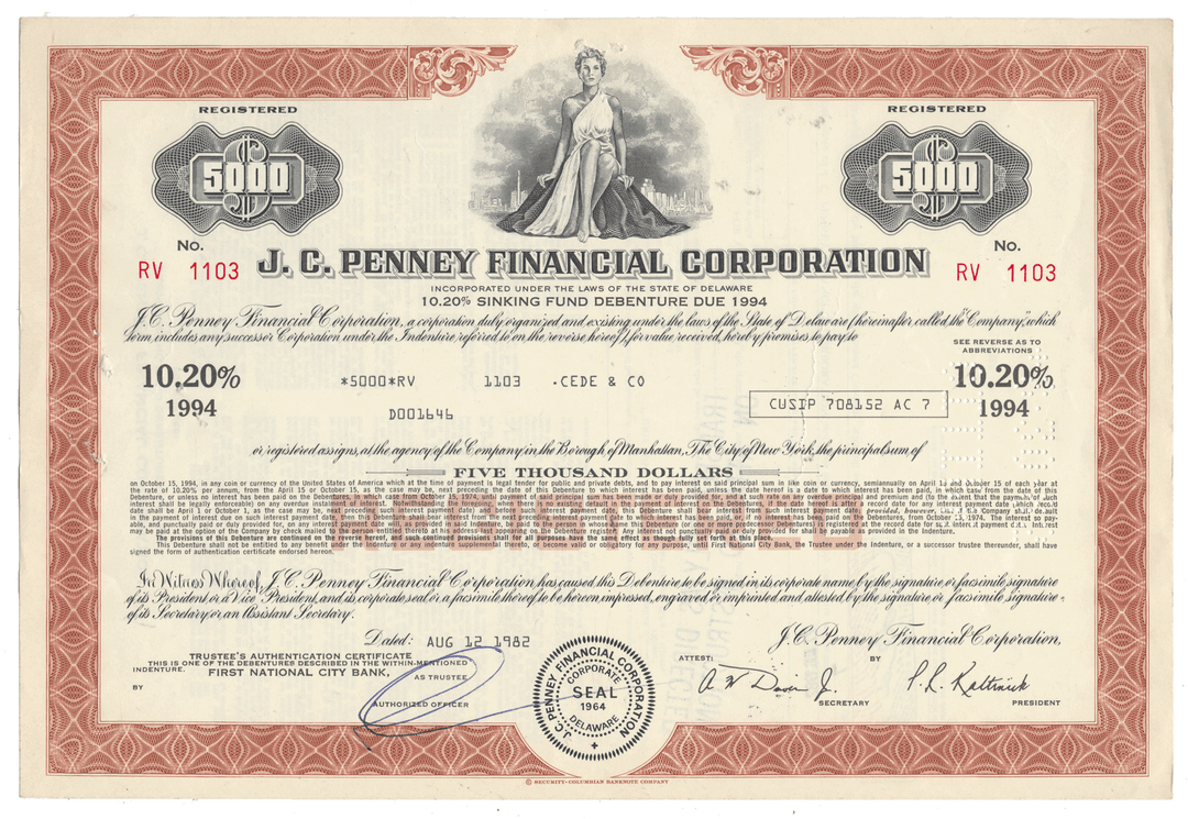 J. C. Penney Financial Corporation bond certificate from 1982 with decorative border and portrait.