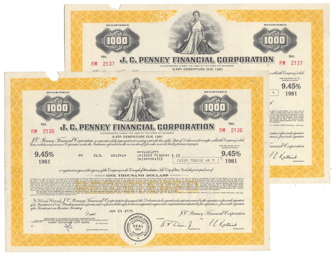 Two J.C. Penney Financial Corporation bond certificates
