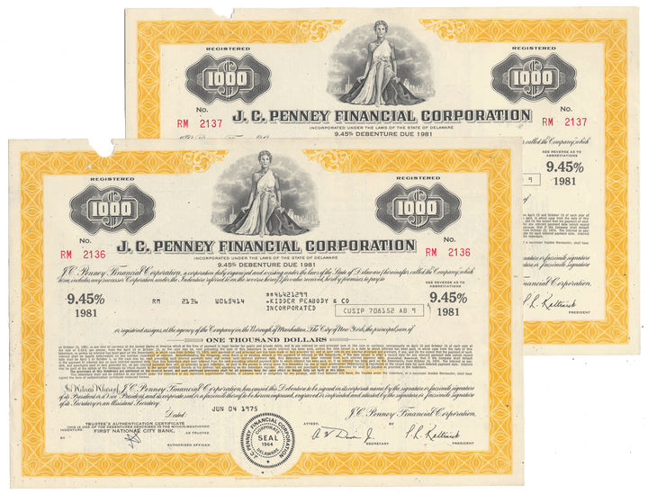 Two J.C. Penney Financial Corporation bond certificates