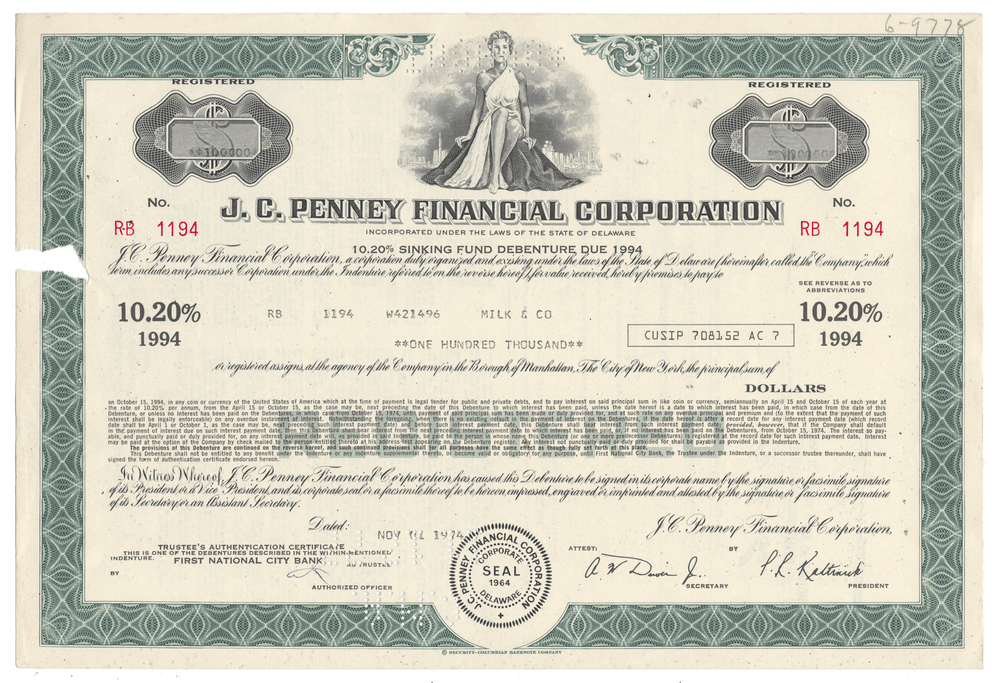 J.C. Penney Financial Corporation stock certificate from 1974 with decorative elements.