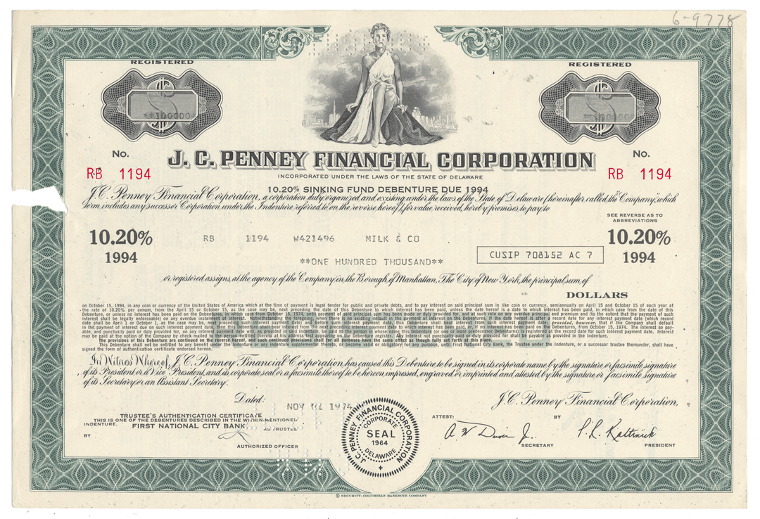 J.C. Penney Financial Corporation stock certificate from 1974 with decorative elements.