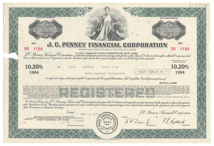 J.C. Penney Financial Corporation stock certificate from 1974 with decorative elements.