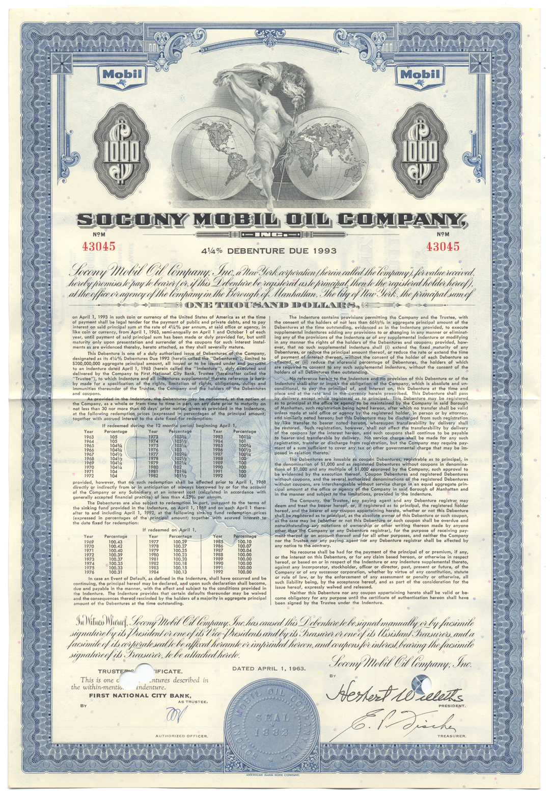 Socony Mobil Oil Company Bond Certificate