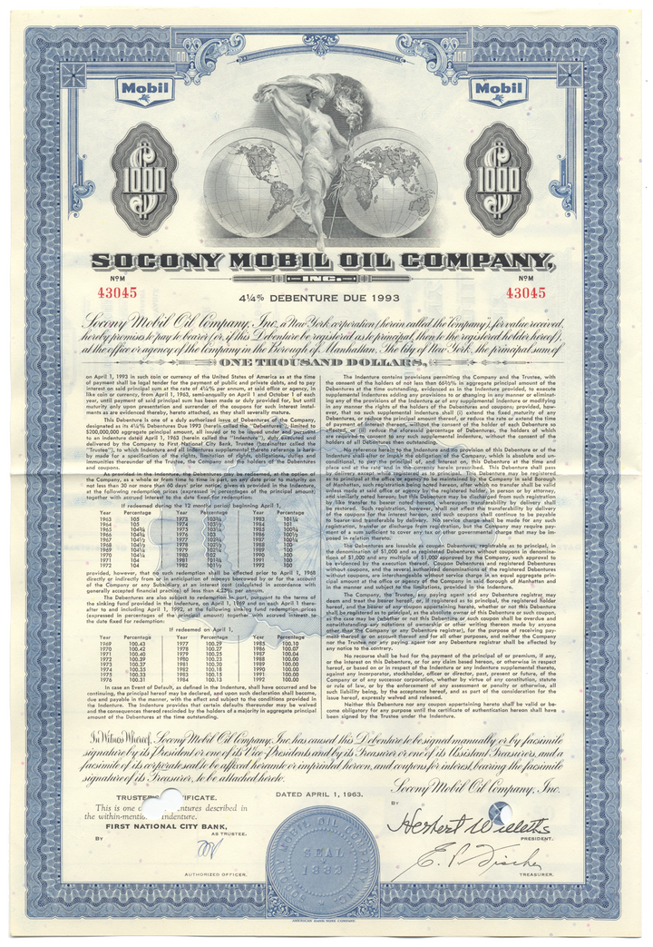 Socony Mobil Oil Company Bond Certificate