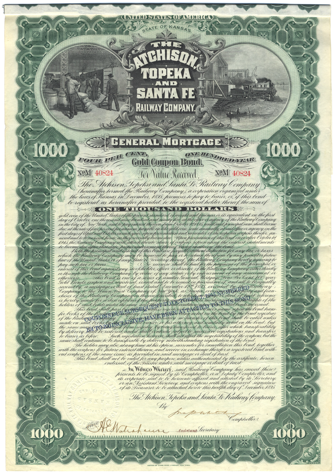 Atchison, Topeka and Santa Fe Railway Company Bond Certificate