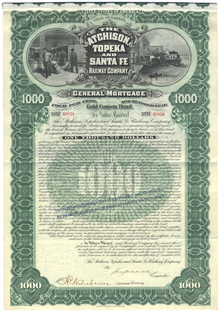 Atchison, Topeka and Santa Fe Railway Company Bond Certificate