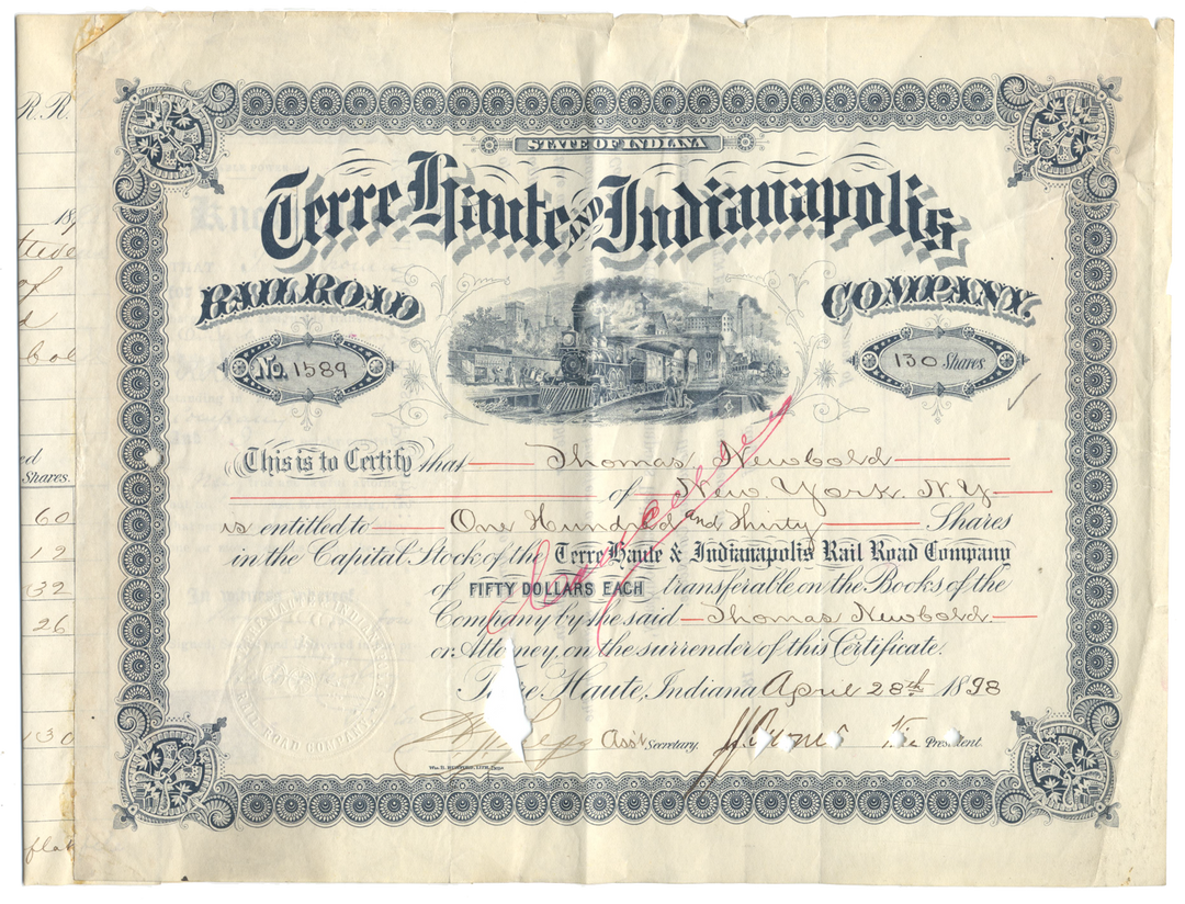 Terre Haute and Indianapolis Railroad Company Stock Certificate