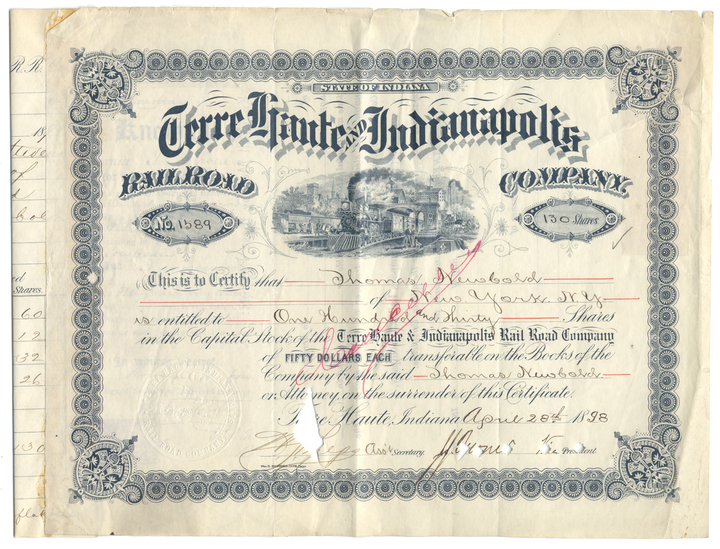 Terre Haute and Indianapolis Railroad Company Stock Certificate