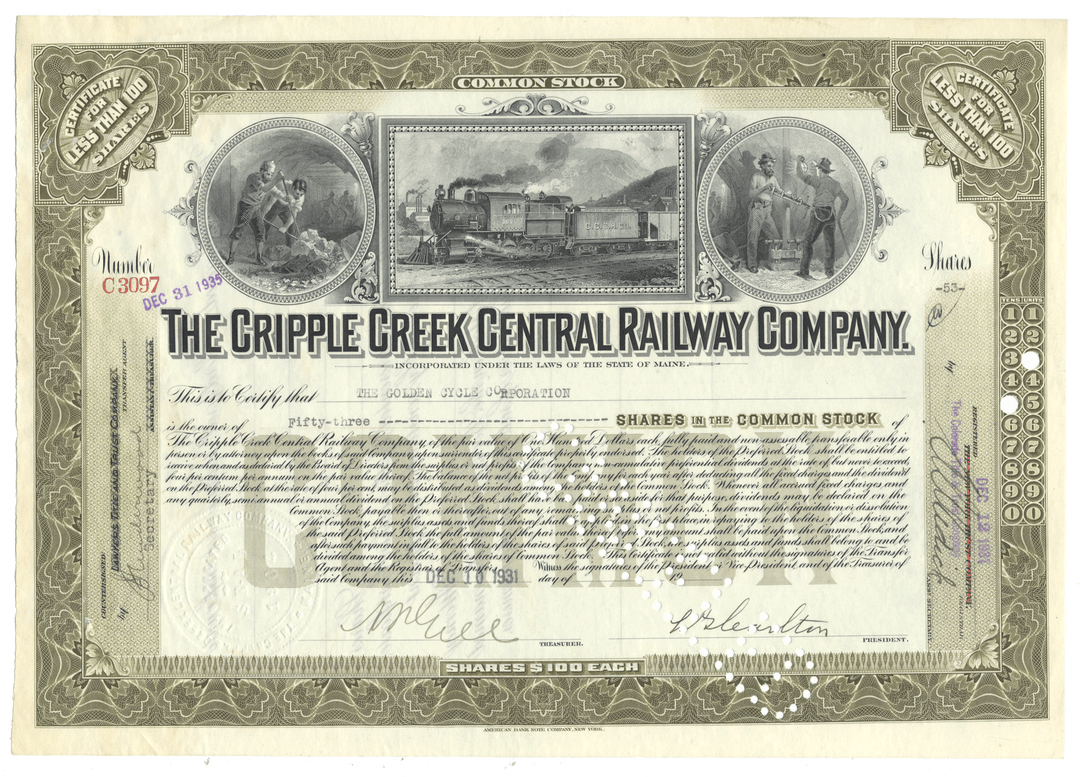 Stock certificate for The Cripple Creek Central Railway Company with scenic illustrations and text from 1931