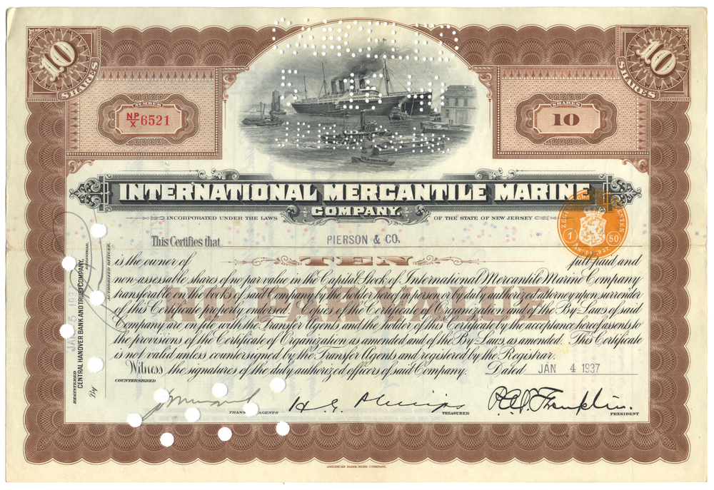 International Mercantile Marine Company Stock Certificate