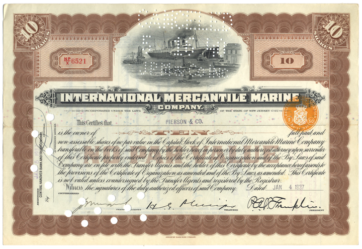 International Mercantile Marine Company Stock Certificate