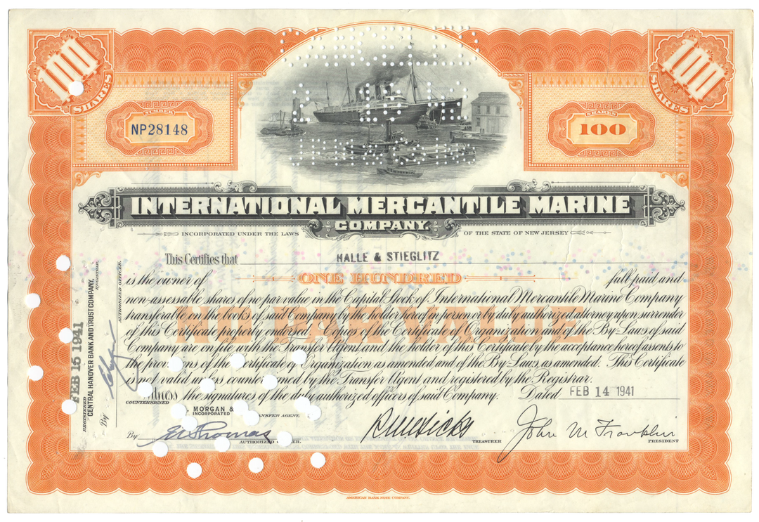 International Mercantile Marine Company Stock Certificate