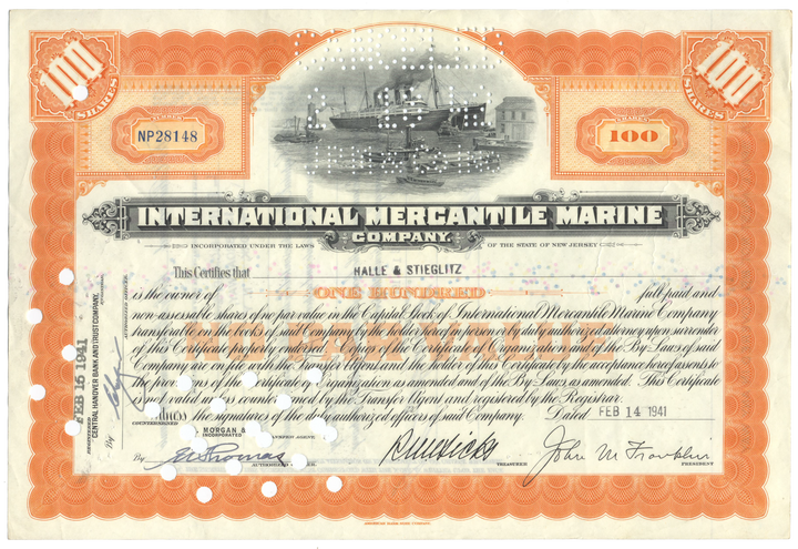 International Mercantile Marine Company Stock Certificate