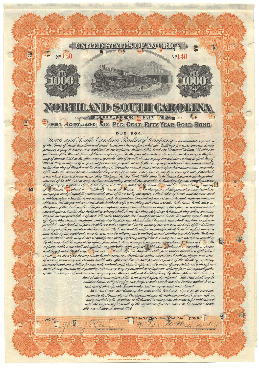 Gold bond certificate from North and South Carolina Railway with decorative border and text.