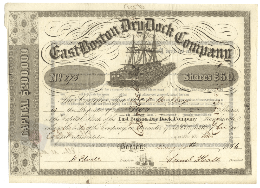East Boston Dry Dock Company Stock Certificate Signed by Samuel Hall