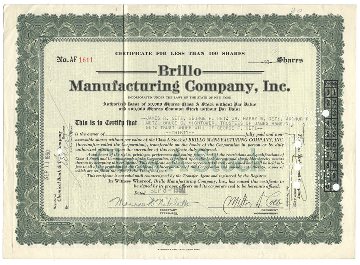 Brillo Manufacturing Company, Inc. (Signed by Inventor Milton Loeb)